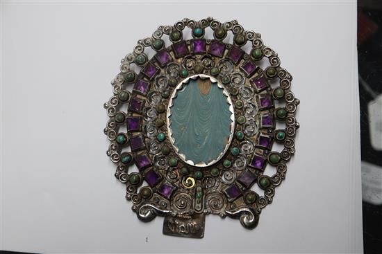 Three Mexican sterling 925, amethyst and turquoise set photograph frames, largest 12.4cm.